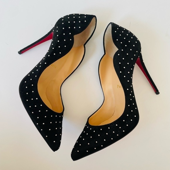 Christian Louboutin Black Suede leather Hot Chick 100mm studded plume pumps EU37 - Picture 3 of 9